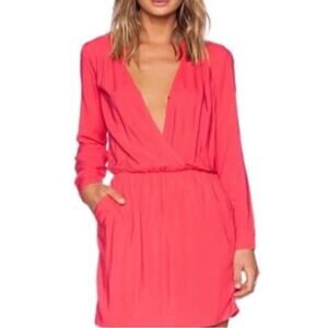 Splendid V Neck Long Sleeve Dress with Pockets, Pink/red, Women’s S